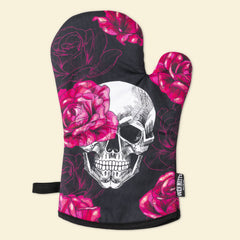 Pink Skull Rose Oven Mitts And Potholder Set