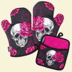 Pink Skull Rose Oven Mitts And Potholder Set