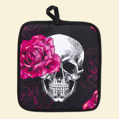 Pink Skull Rose Oven Mitts And Potholder Set