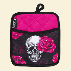 Pink Skull Rose Oven Mitts And Potholder Set