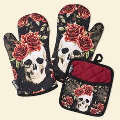 Vintage Flower Skull Oven Mitts And Potholder Set