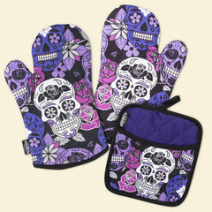 Sugar Skull Purple Oven Mitts And Potholder Set