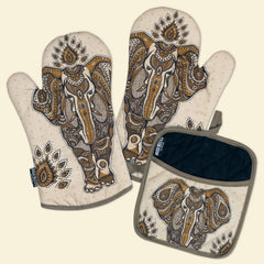 Boho Elephant Oven Mitts And Potholder Set